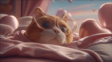 Valentine&rsquo;s Day with pet Concept. Adorable cat in heart-shaped glasses among pink decor.