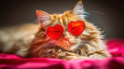 Valentine&rsquo;s Day with pet Concept. Fluffy cat wearing heart-shaped sunglasses on a pink surface.