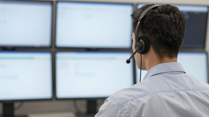 Man wearing headset monitors multiple screens in a control center, focused on data analysis and security