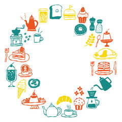 Hand-drawn cafe menu and sweets monochrome illustration set