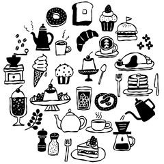 Hand-drawn cafe menu and sweets monochrome illustration set