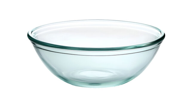 Clear glass mixing bowl isolated on black background showcasing its smooth rounded shape and slight greenish-blue tint around the thick rim, perfect for culinary preparation and serving needs.