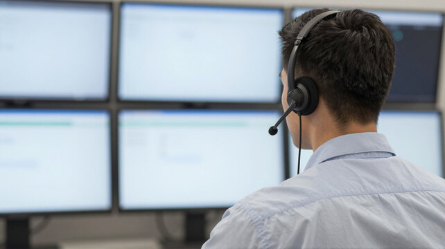 Man wearing headset monitors multiple screens in a control center, focused on data analysis and security - Powered by Adobe
