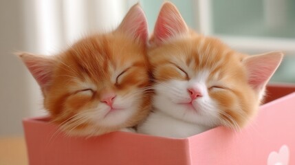 Valentine&rsquo;s Day with pet Concept. Two adorable kittens sleeping in a pink box.