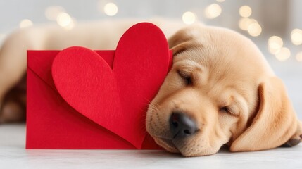 Valentine&rsquo;s Day with pet Concept. Sleeping puppy with a red heart envelope on a cozy surface.