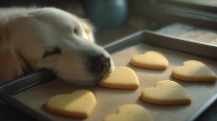 Valentine&rsquo;s Day with pet Concept. A dog resting its head on a tray of heart-shaped cookies.