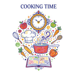 chef pointing at watch icon in color for time management concept