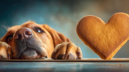 Valentine&rsquo;s Day with pet Concept. A dog gazes longingly at a heart-shaped treat.