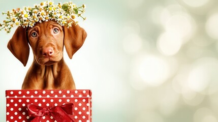 Valentine&rsquo;s Day with pet Concept. Dog with a flower crown in a gift box, soft background.