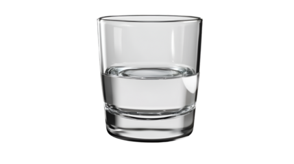 Clear glass shot filled precisely halfway with pure transparent liquid against a stark black background perfect for minimalist beverage concepts and isolated barware presentations