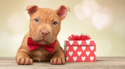 Valentine&rsquo;s Day with pet Concept. Adorable puppy with a bow tie beside a heart-decorated gift box.
