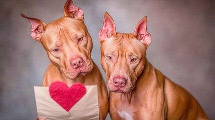 Valentine&rsquo;s Day with pet Concept. Two dogs holding a love letter with heart shape.