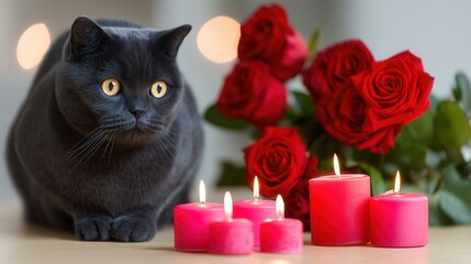 Valentine&rsquo;s Day with pet Concept. A black cat beside pink candles and red roses in a cozy setting.