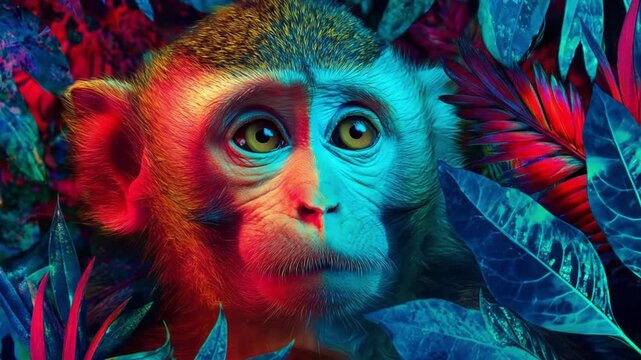 Close-up of a curious monkey bathed in vivid red and teal jungle light among lush foliage and magic