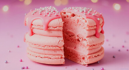 【AI】Decorated Pink Macaron Cake with Sugar Pearls, Colorful Dessert