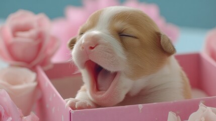 Valentine&rsquo;s Day with pet Concept. Cute puppy yawning in a pastel box with flowers.