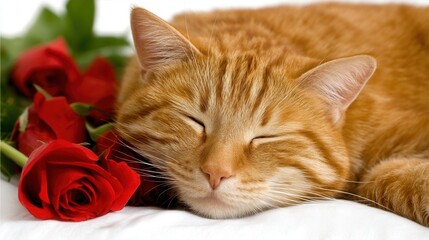 Valentine&rsquo;s Day with pet Concept. A sleeping cat beside red roses on a soft surface.