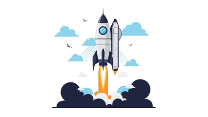 Cartoon rocket launching into sky with fire and smoke.