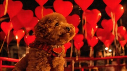 Valentine&rsquo;s Day with pet Concept. Adorable dog surrounded by heart-shaped balloons in a festive setting.
