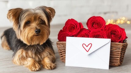 Valentine&rsquo;s Day with pet Concept. Cute dog beside a basket of red roses and a love letter.
