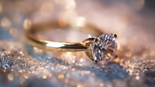Close-up of a gold solitaire ring with a round diamond on a glittering, bokeh-lit surface with glow