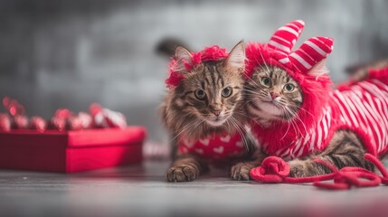 Valentine&rsquo;s Day with pet Concept. Two playful cats in festive outfits on a soft surface.