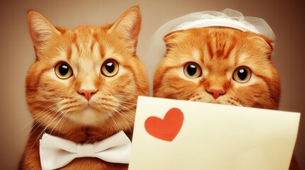 Valentine&rsquo;s Day with pet Concept. Two cats dressed for a wedding holding a love letter.
