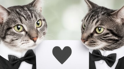 Valentine&rsquo;s Day with pet Concept. Two cats in tuxedos holding a heart sign.