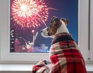 Dog wrapped in blanket watches fireworks from a window (1)