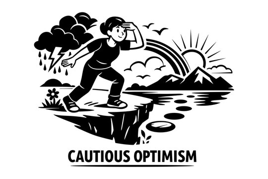 Woman cautiously steps forward from storm towards sunny future with rainbow and mountains