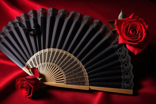 Eleganter schwarzer F&auml;cher und rote Rosen auf Samt