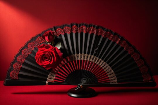 Eleganter schwarzer F&auml;cher und rote Rosen auf Samt