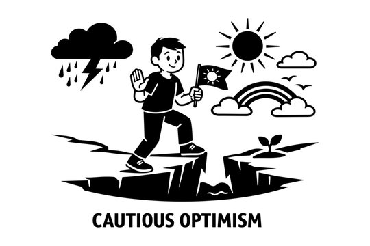 Boy with flag crosses chasm between storm and sun with rainbow, representing cautious optimism