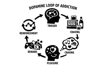 Dopamine loop of addiction cycle diagram with trigger, craving, pleasure, reward, and reinforcement
