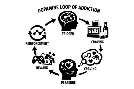 Dopamine loop of addiction cycle diagram with trigger, craving, pleasure, reward, and reinforcement