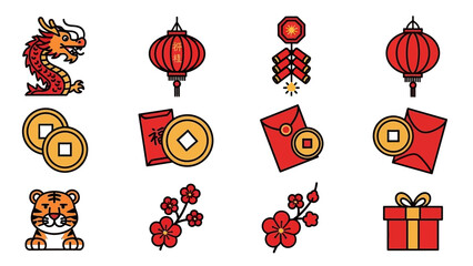 Chinese New Year Celebration Elements Dragon Lantern Firecrackers Coins Envelopes Tiger Flowers Gift.