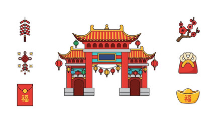 Chinese New Year Celebration Icons and Traditional Gate.
