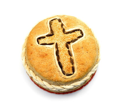 Homemade decorated Serbian slava bread isolated on white.
