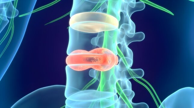 Herniated Lumbar Disc with Nerve Impingement - Medical 3D Illustration of Spinal Injury on Blue Background