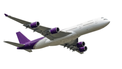 Isolated wide body airliner banking away from camera with engines and tail a purple color