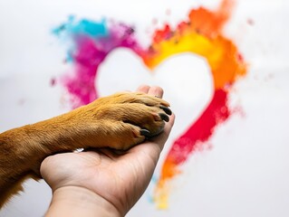 Happy Holi festival background poster with human hand and dog paw in heart-shaped colorful powder on white