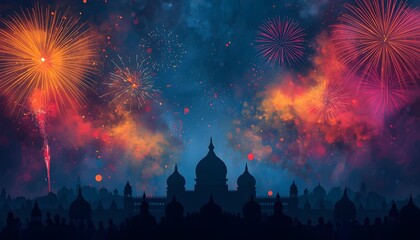 Holi party social media banner and poster with night temple silhouettes, neon fireworks and colorful powder clouds