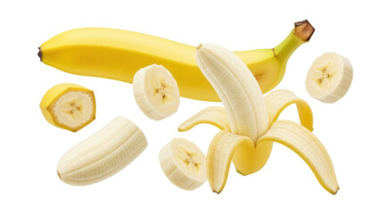 Isolated nutritious banana collection peel and cut slices, healthy fruit, tropical freshness © Ari