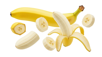 Isolated nutritious banana collection peel and cut slices, healthy fruit, tropical freshness