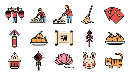 Chinese New Year Celebration Icons Set.