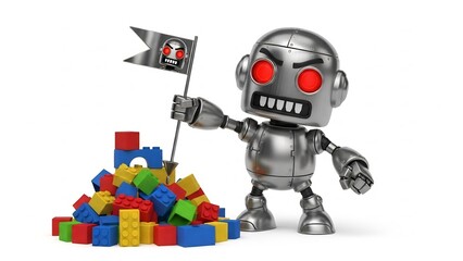 Robot angrily dominates building block hill compositionally