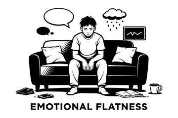 Young man sitting on couch with emotional flatness and rain cloud overhead