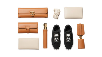 Close up overhead of a craft or sewing table with organized supplies and materials isolated on white background