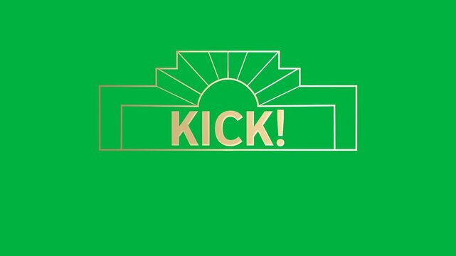 Animation of gold text kick, in decorative gold frame, on black background