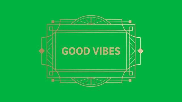 Animation of gold text good vibes, in decorative gold frame, on beige background